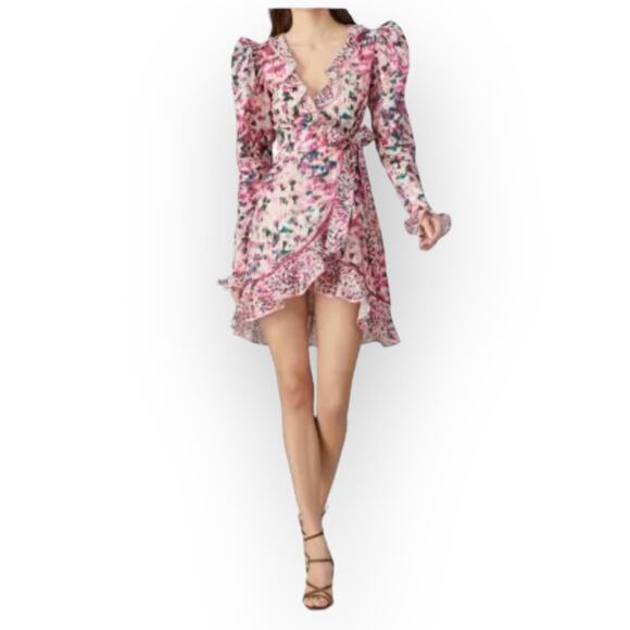 ROCOCO SAND Mimi Wrap Mini Dress Women's Med Pink Green Abstract Long Sleeve - Picture 1 of 12